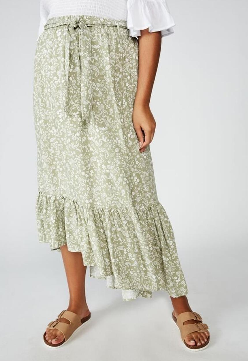 Cotton On - Curve gypsy tiered maxi skirt blair floral paisley - khaki & white 