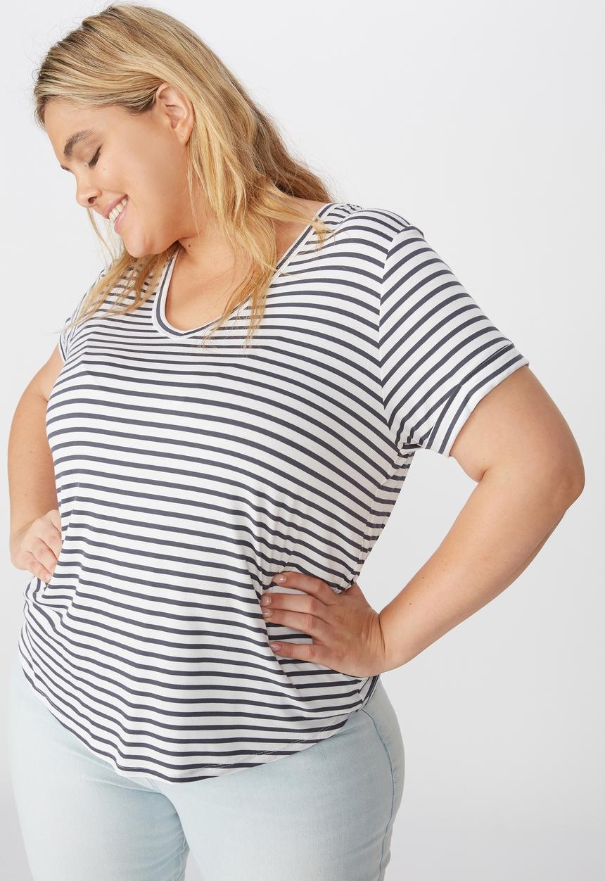 Cotton On - Curve Karly short sleeve tee essie stripe - white & charcoal 