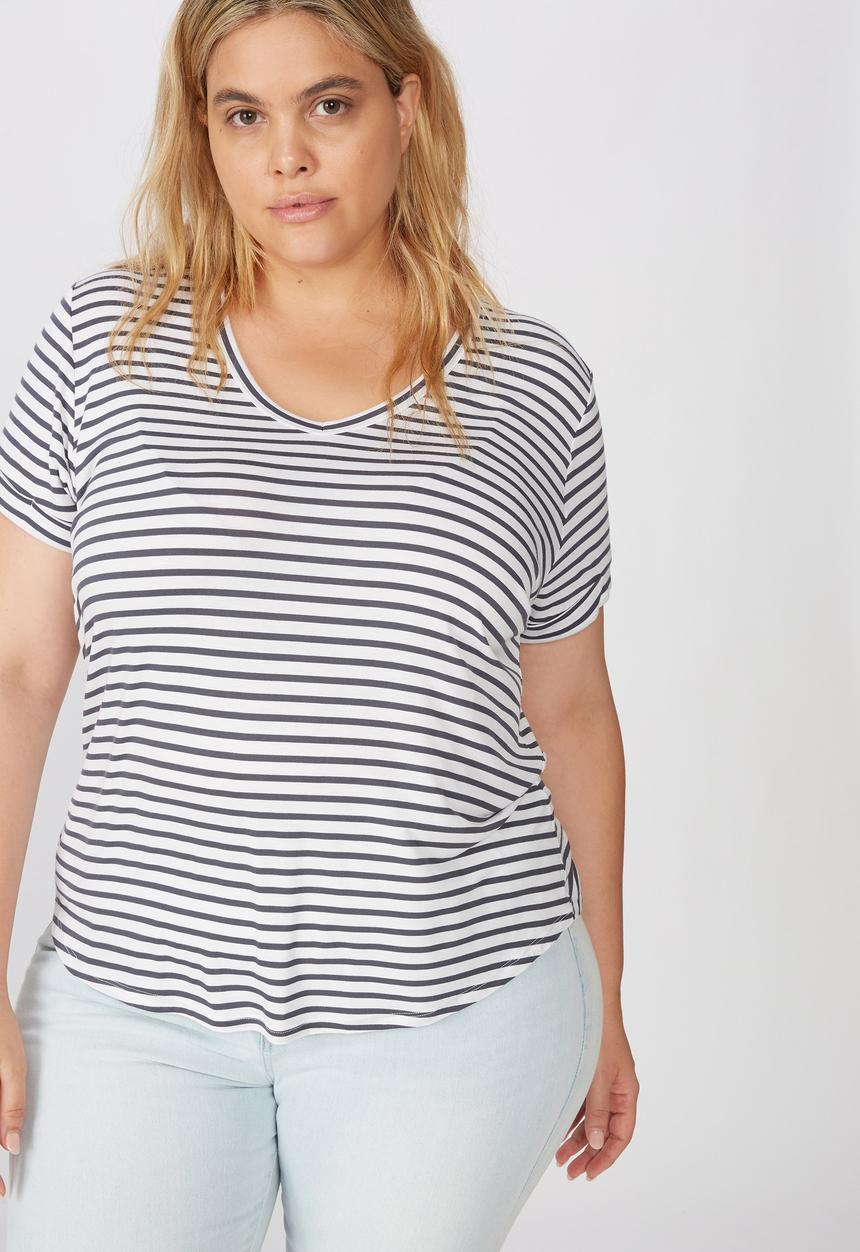 Cotton On - Curve Karly short sleeve tee essie stripe - white & charcoal 