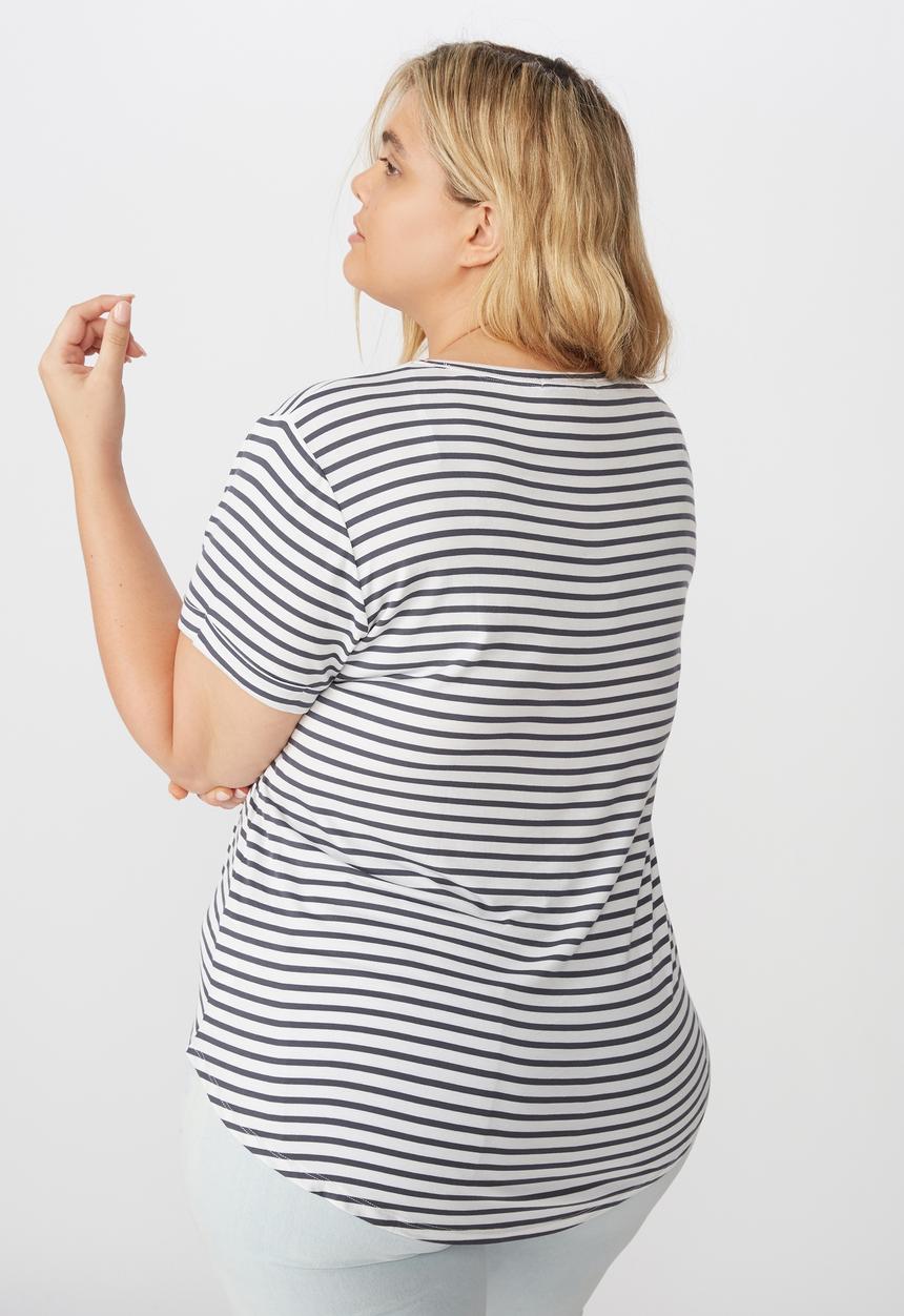 Cotton On - Curve Karly short sleeve tee essie stripe - white & charcoal 
