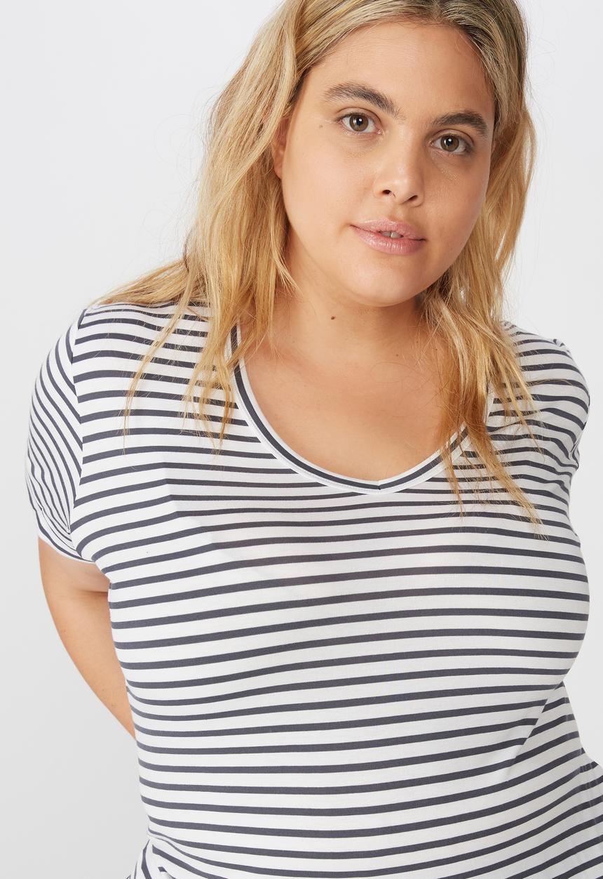 Cotton On - Curve Karly short sleeve tee essie stripe - white & charcoal 