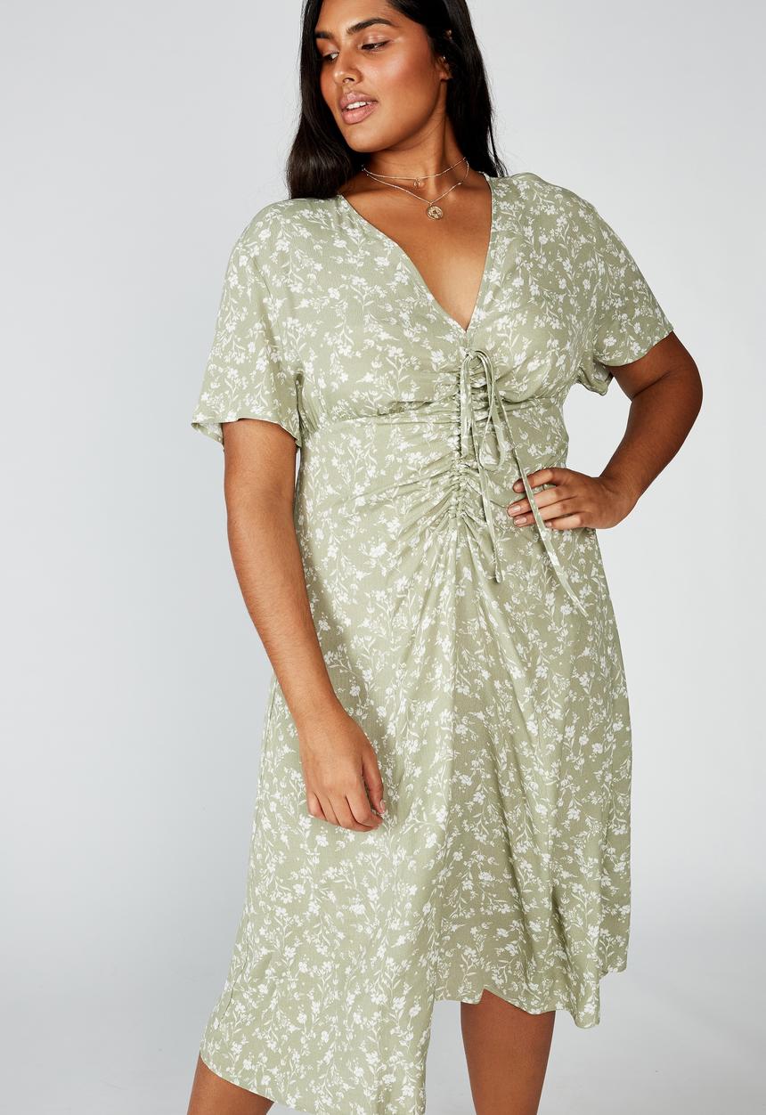 Cotton On - Curve woven Marissa gathered front midi dress - khaki & white