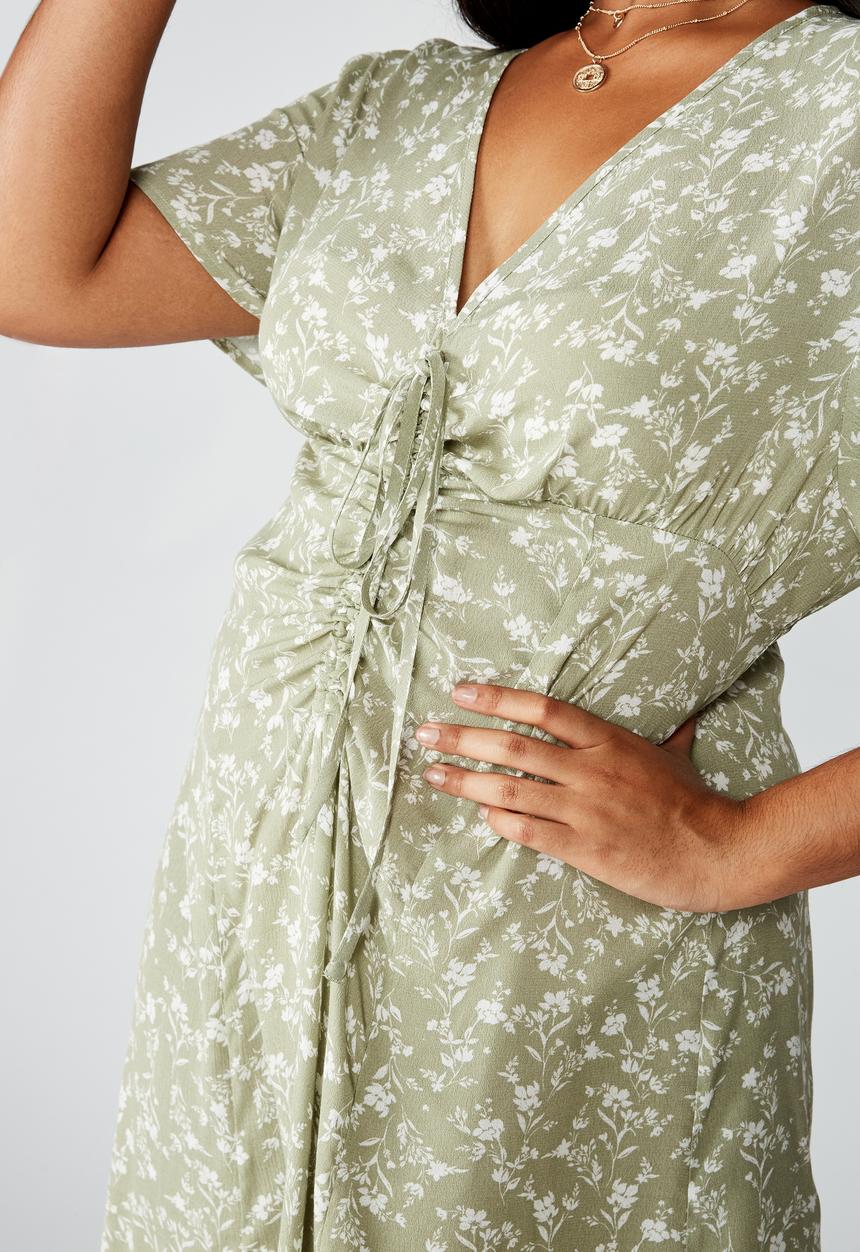 Cotton On - Curve woven Marissa gathered front midi dress - khaki & white