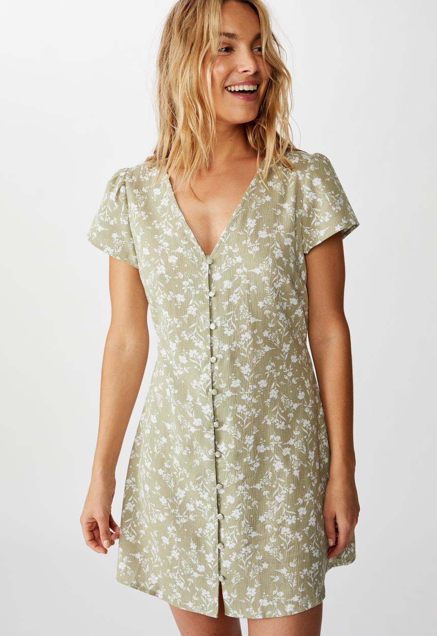 Cotton On - Woven juliette short sleeve mini dress indi floral - green 