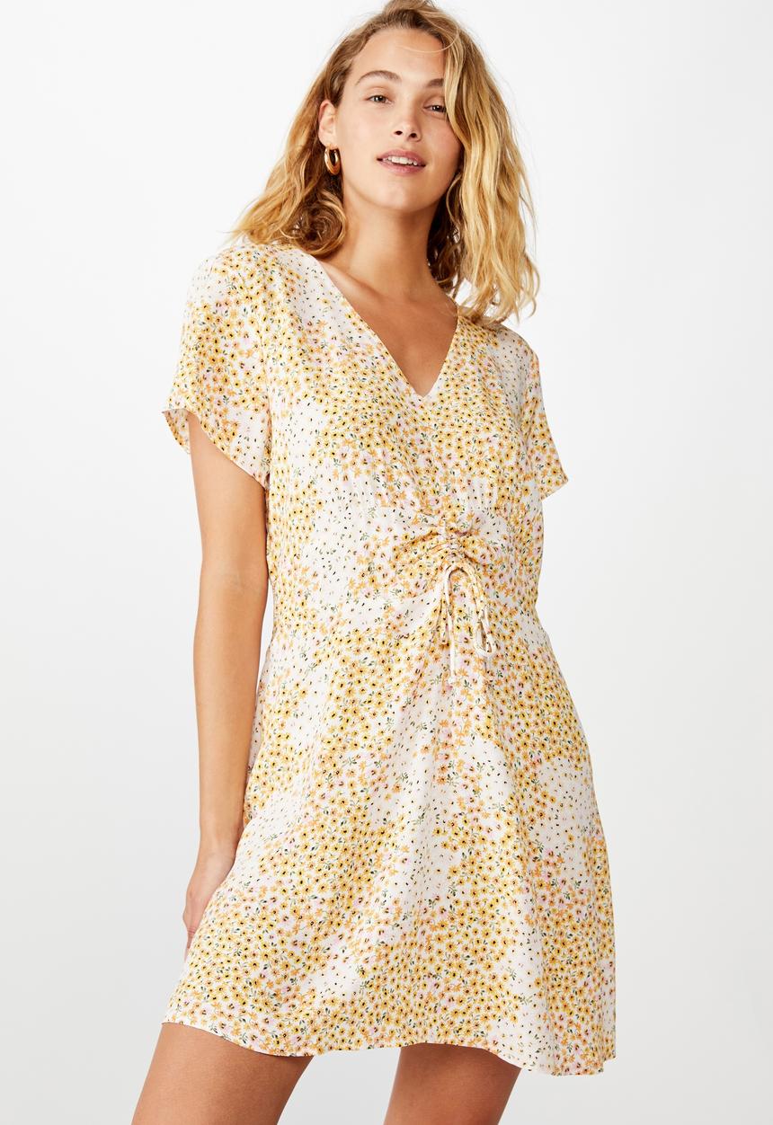 Cotton On - Woven Marissa gathered front mini dress - yellow & white
