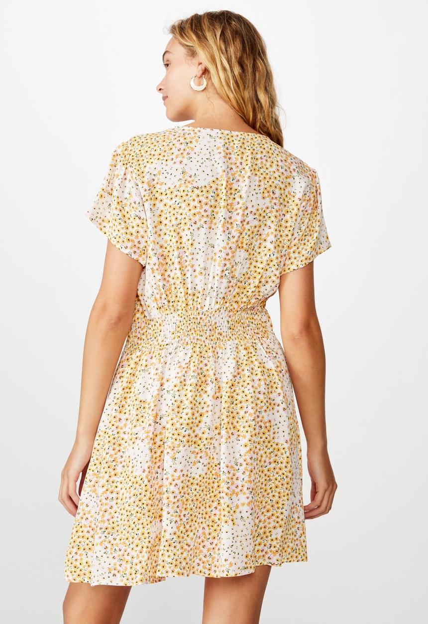 Cotton On - Woven Marissa gathered front mini dress - yellow & white