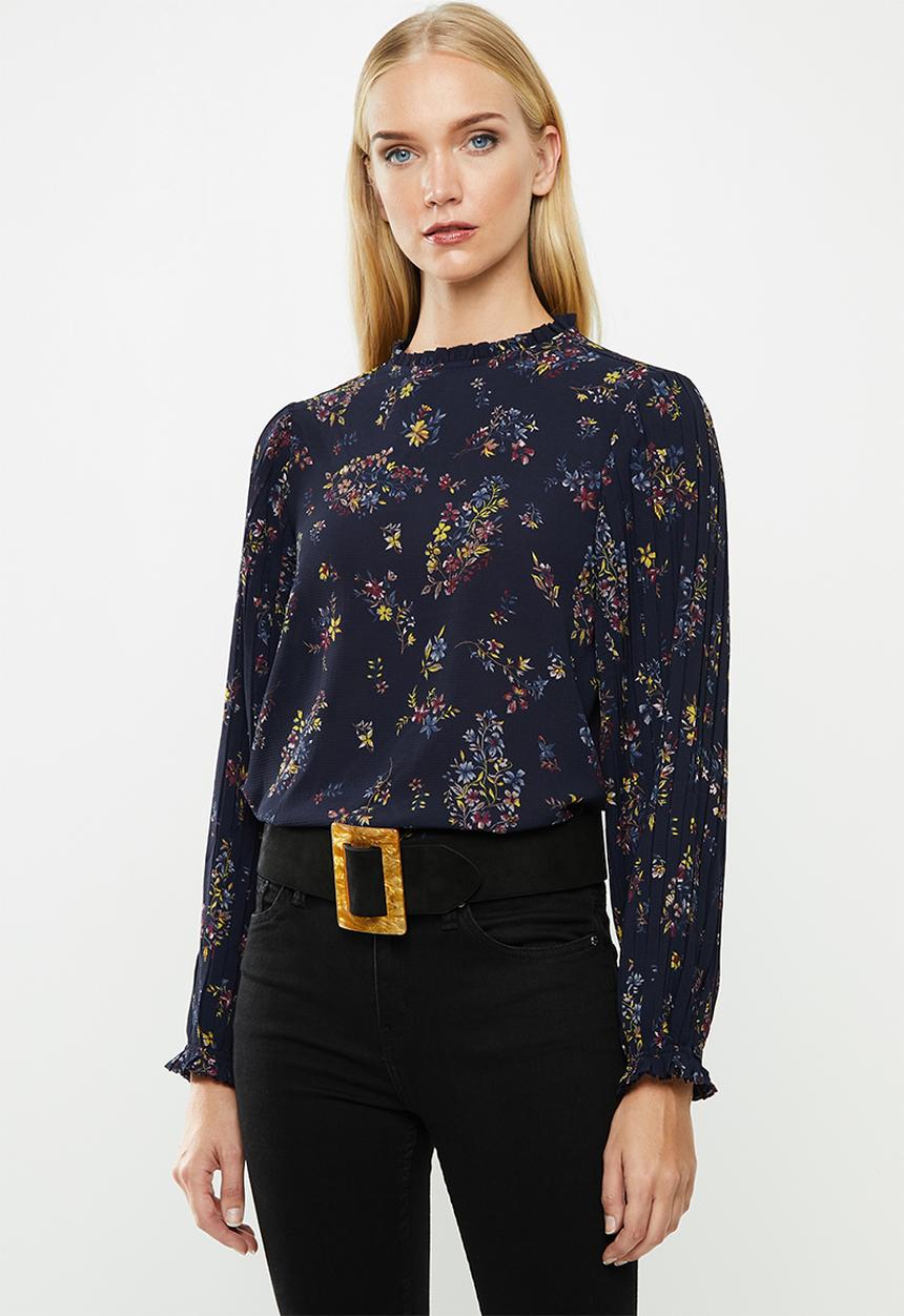 ONLY - Faith long sleeve frill top - navy
