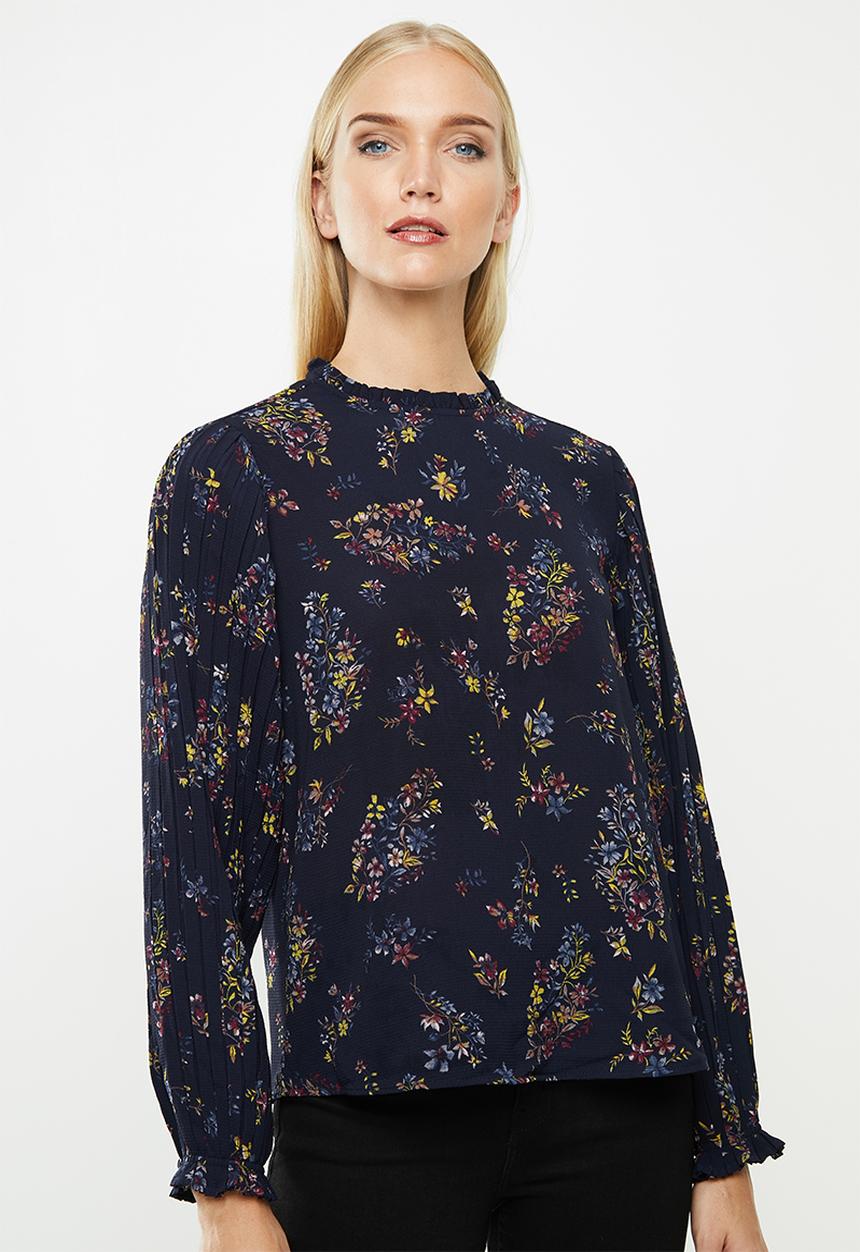 ONLY - Faith long sleeve frill top - navy