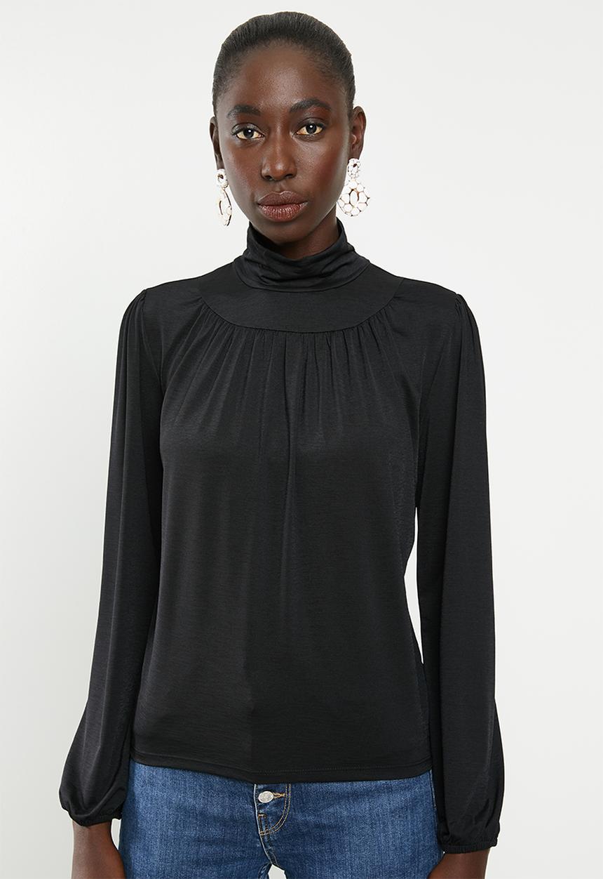 Vero Moda - Ella long sleeve highneck pleat blouse - black