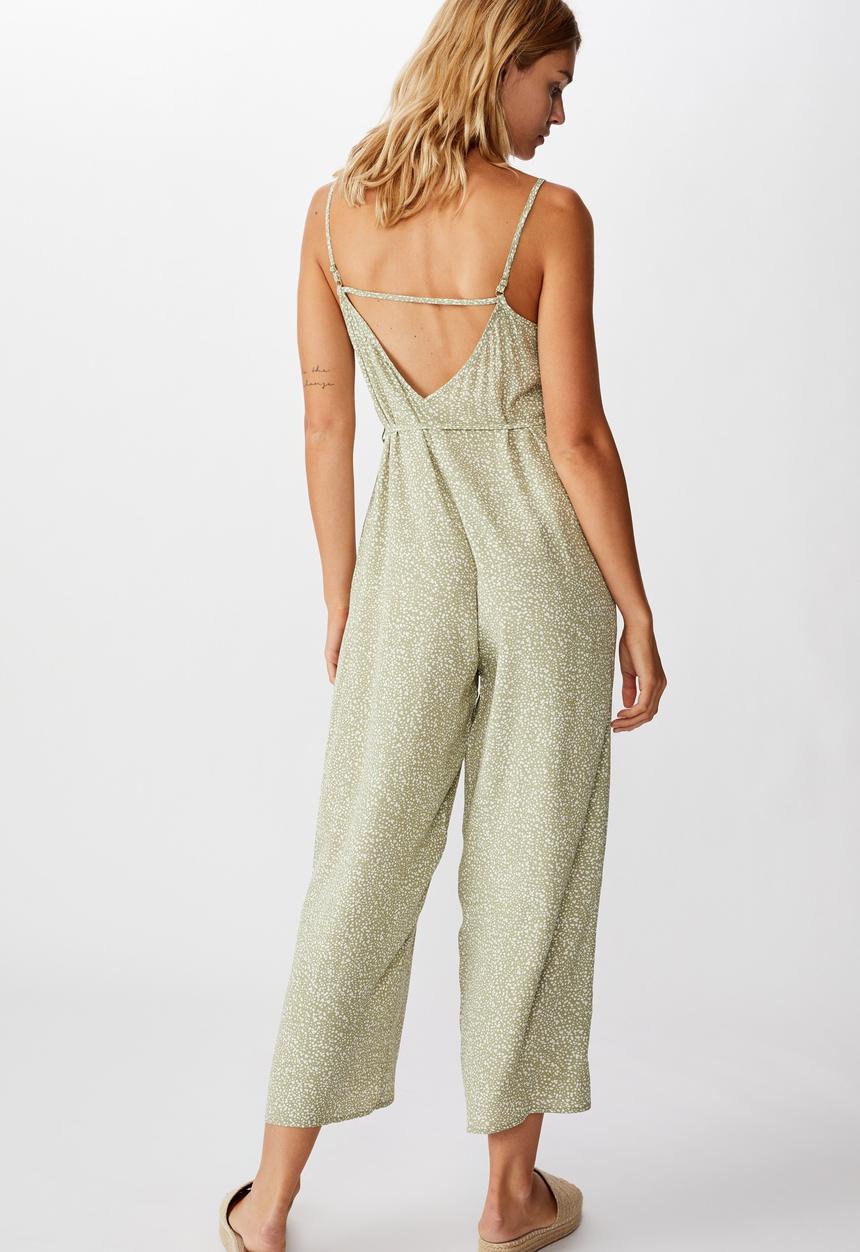 Cotton On - Woven Vicky v-neck jumpsuit natalie spot - khaki & white 