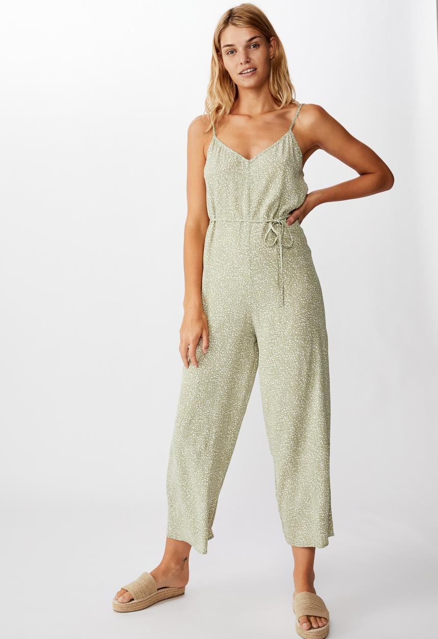 Cotton On - Woven Vicky v-neck jumpsuit natalie spot - khaki & white 