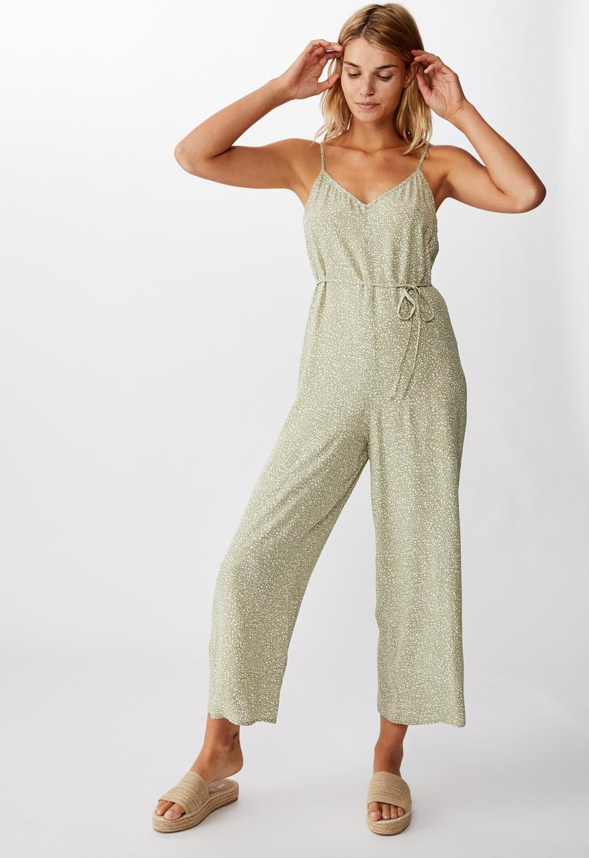 Cotton On - Woven Vicky v-neck jumpsuit natalie spot - khaki & white 