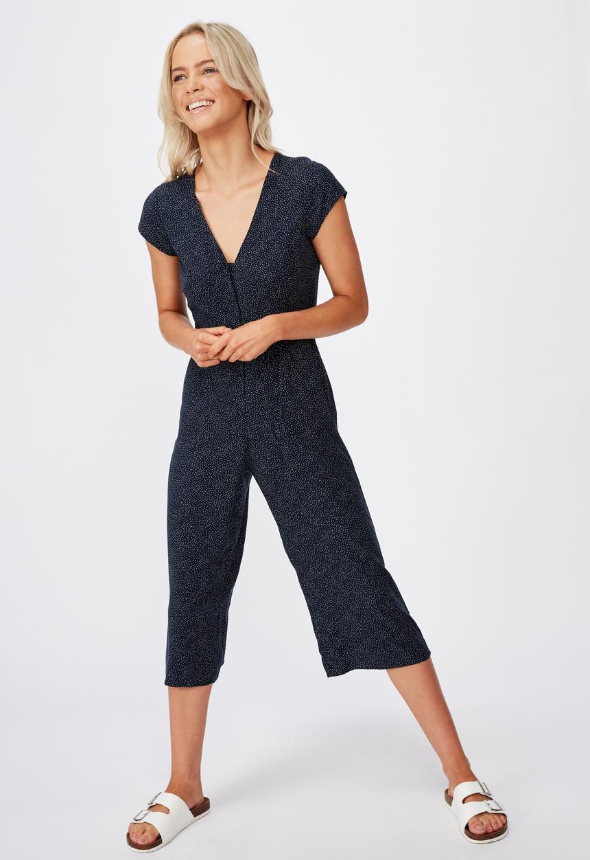 Cotton On - Woven Maggie short sleeve jumpsuit rosie spot - navy & white 