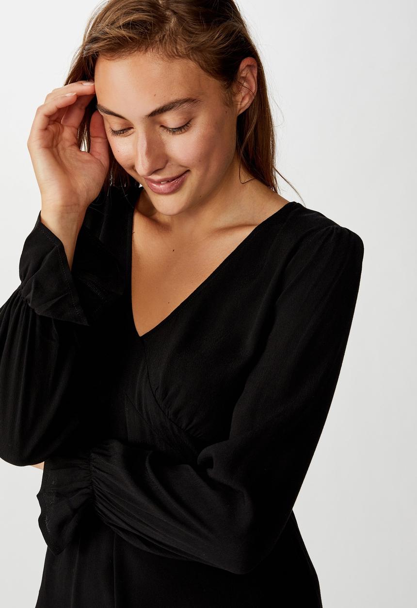 Cotton On - Woven pepa long sleeve mini dress - black