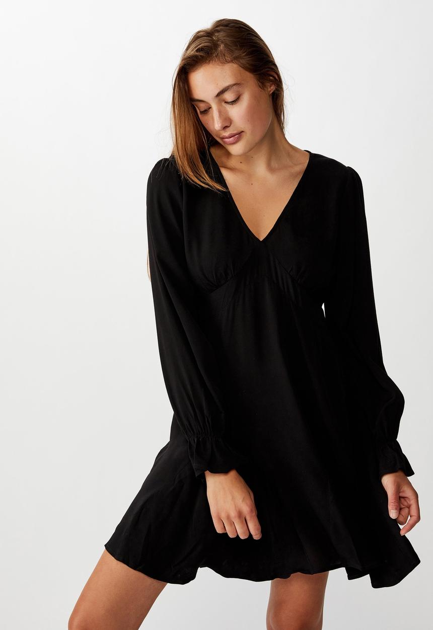 Cotton On - Woven pepa long sleeve mini dress - black