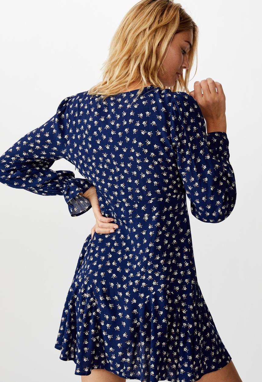 Cotton On - Woven Pepa long sleeve mini dress aidan ditsy - navy & white 