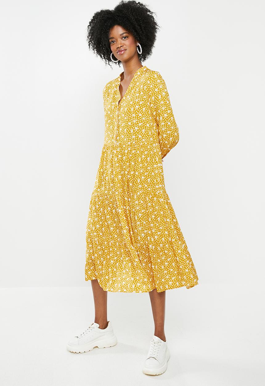 Blake - Tiered midi dress - mustard floral