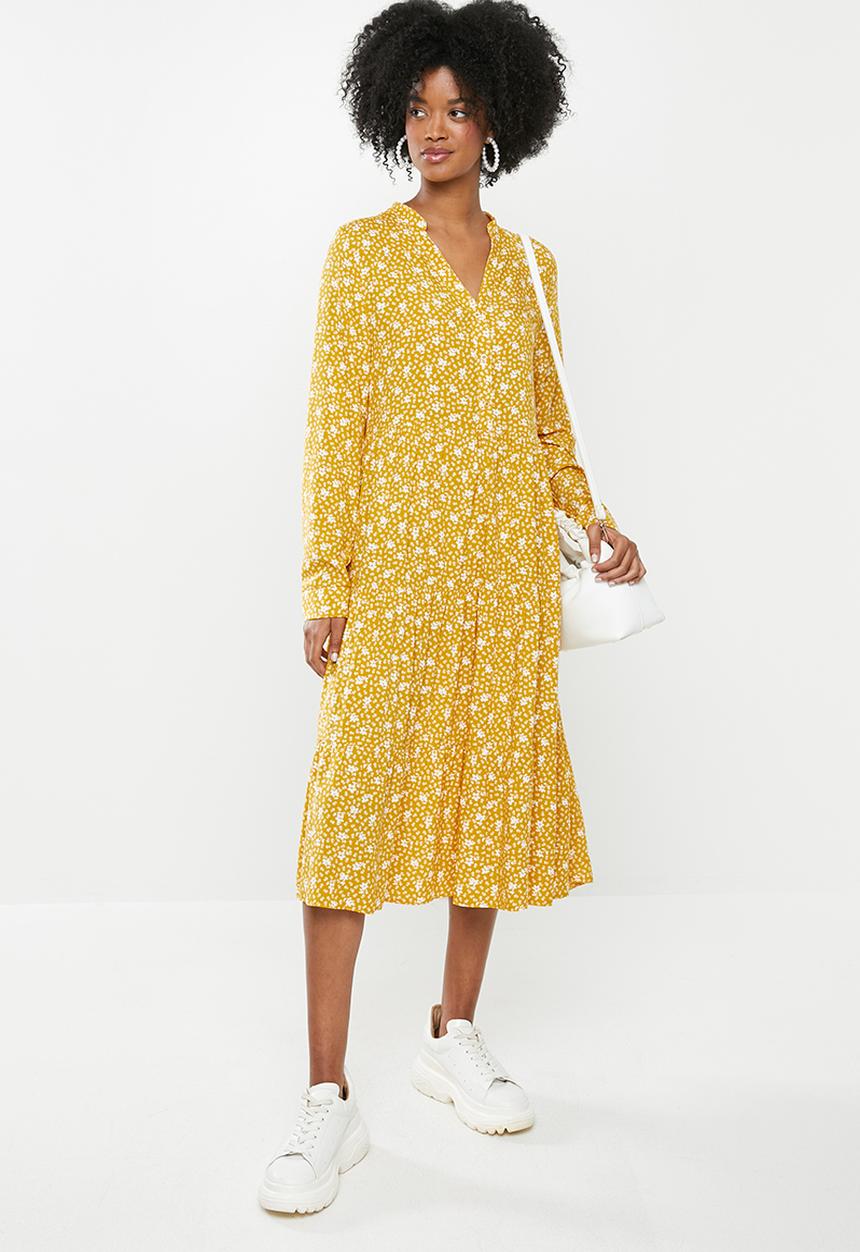 Blake - Tiered midi dress - mustard floral