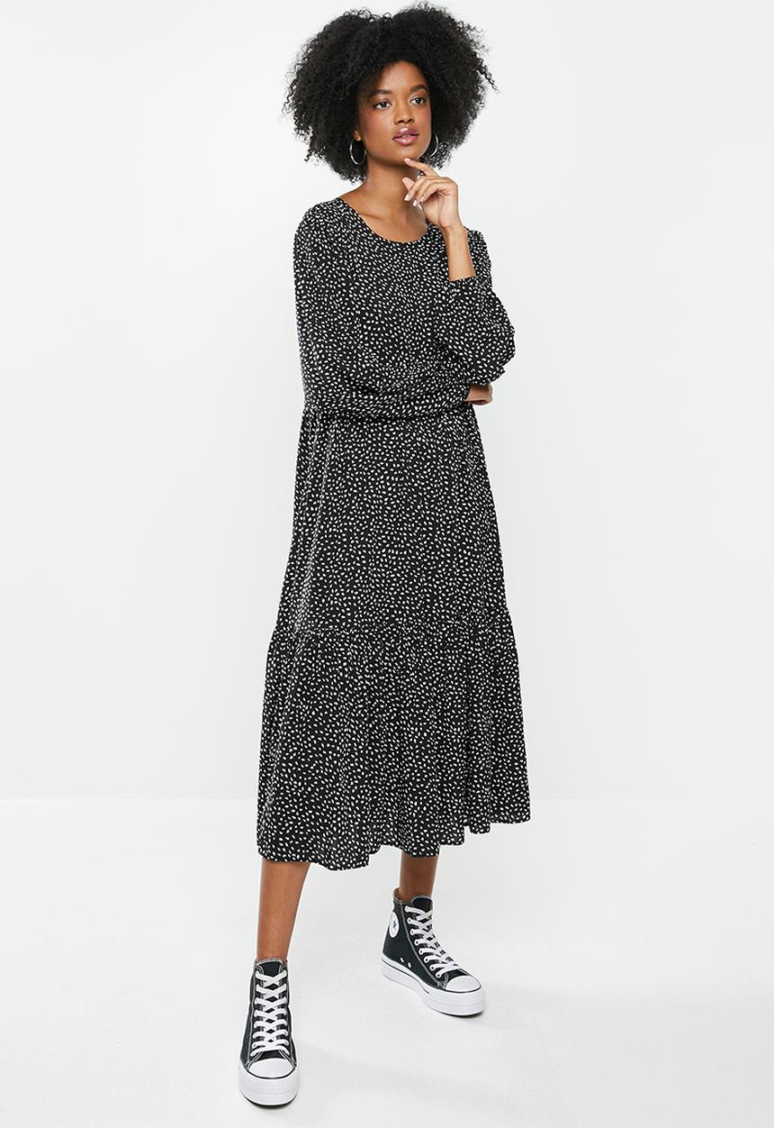 Blake - Rayon tier midi dress - black dot