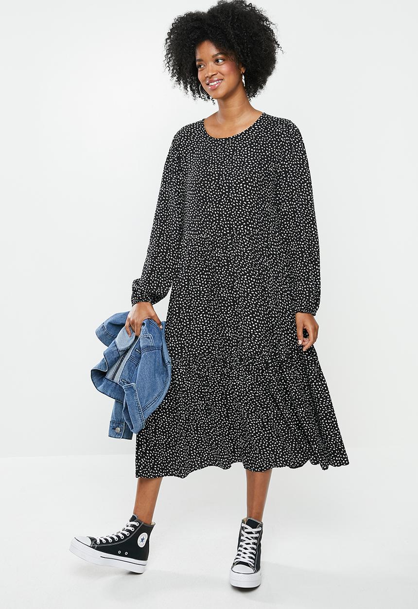 Blake - Rayon tier midi dress - black dot