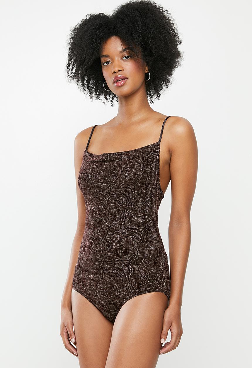 Blake - Sparkle cowl bodysuit - black & copper