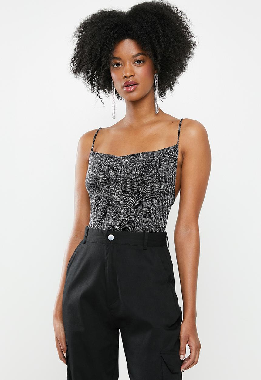 Blake - Sparkle cowl bodysuit - black & silver