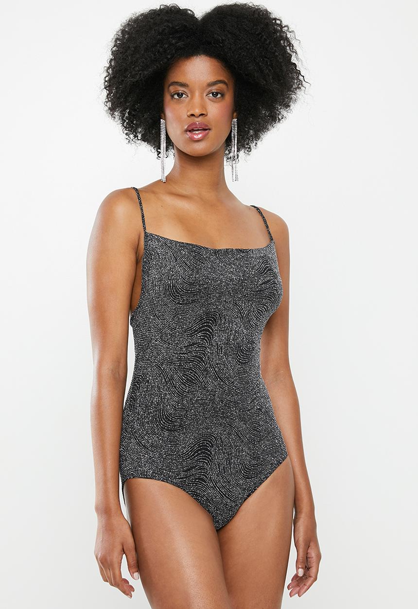 Blake - Sparkle cowl bodysuit - black & silver