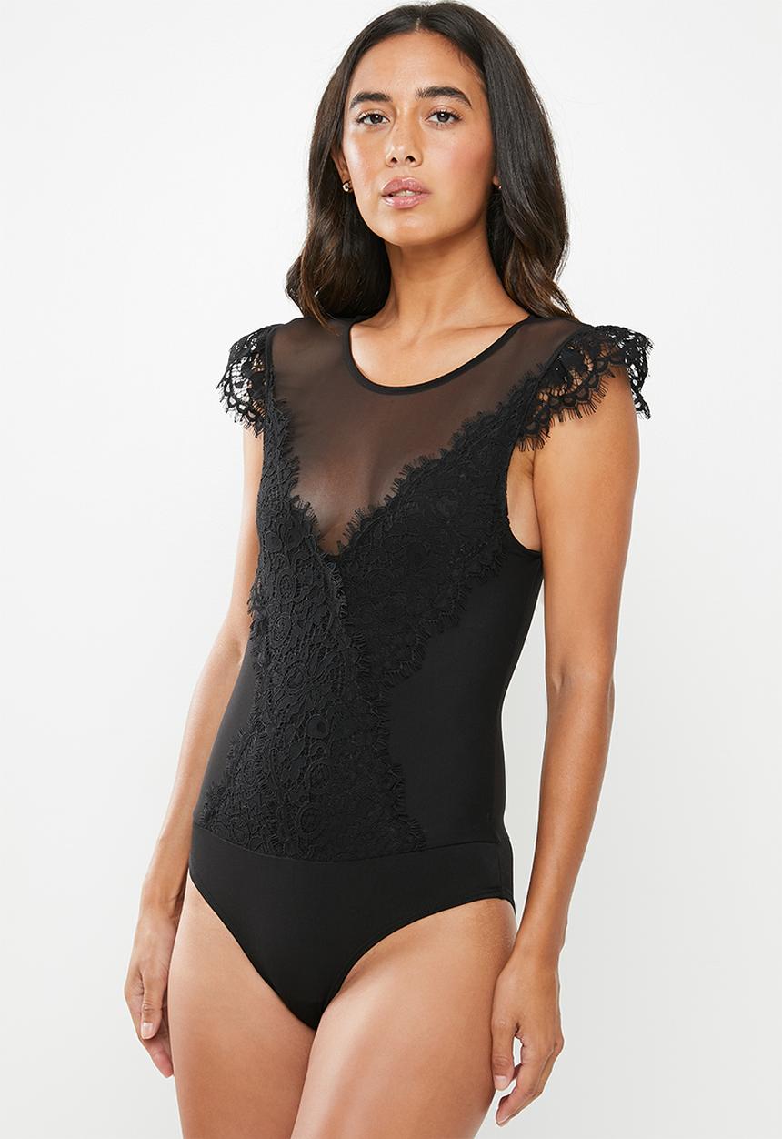 VELVET - Lace mesh bodysuit - black