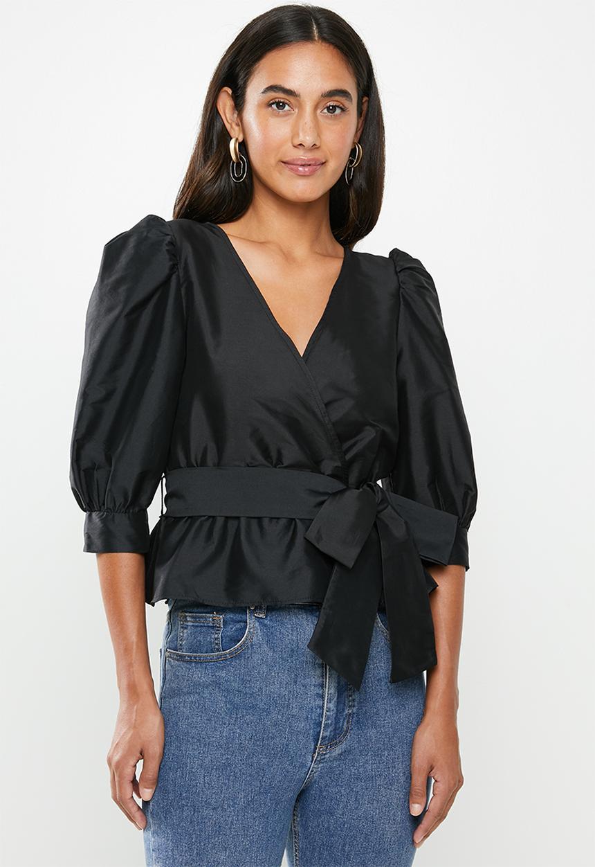 VELVET - Wrap blouse with belt - black
