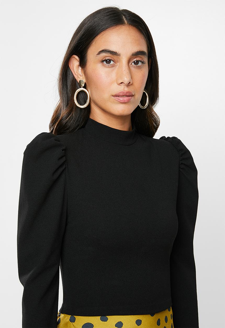 VELVET - Puff sleeve crop top - black