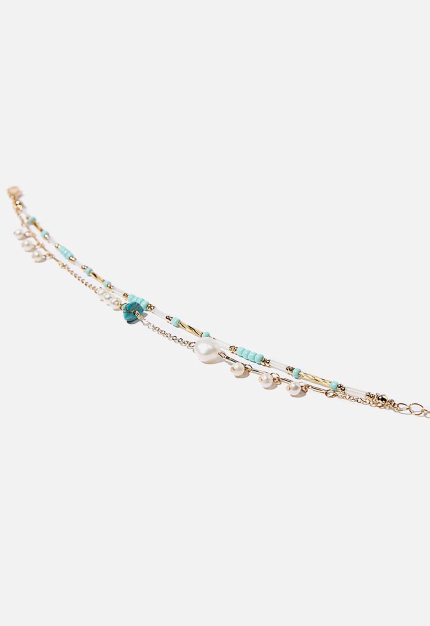 Rubi - Mixed bead pearl anklet - gold & turquoise