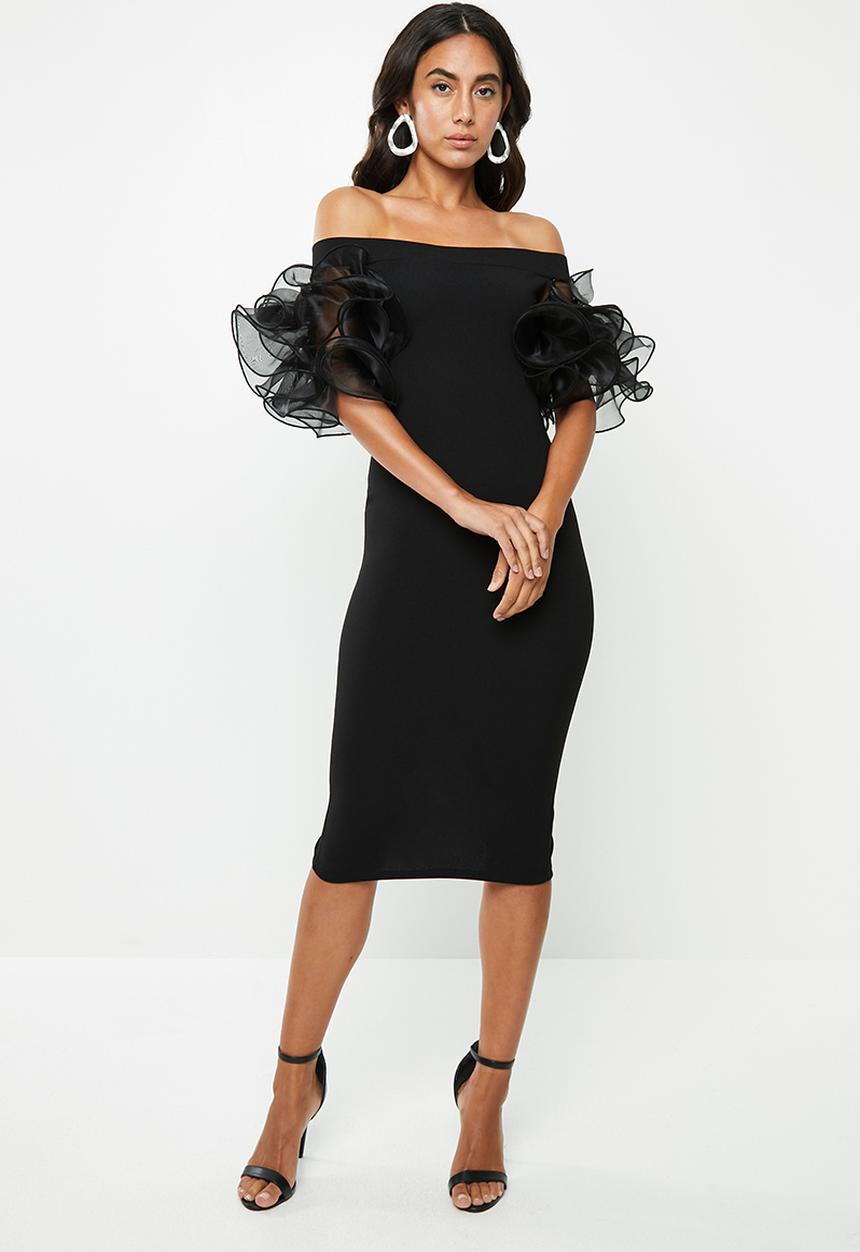 VELVET - Ruffle bardot bodycon - black