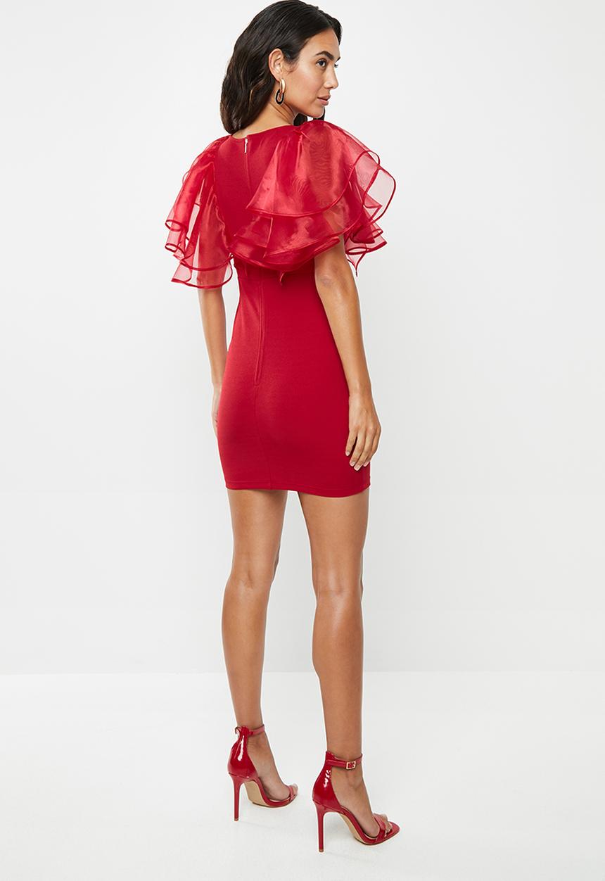 VELVET - Ruffel mini bodycon - red