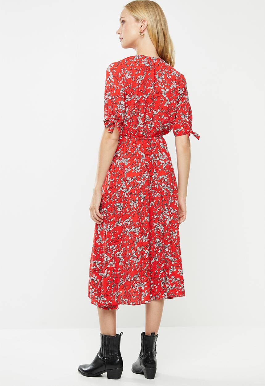 Revenge - Tie sleeve midi floral dress - red