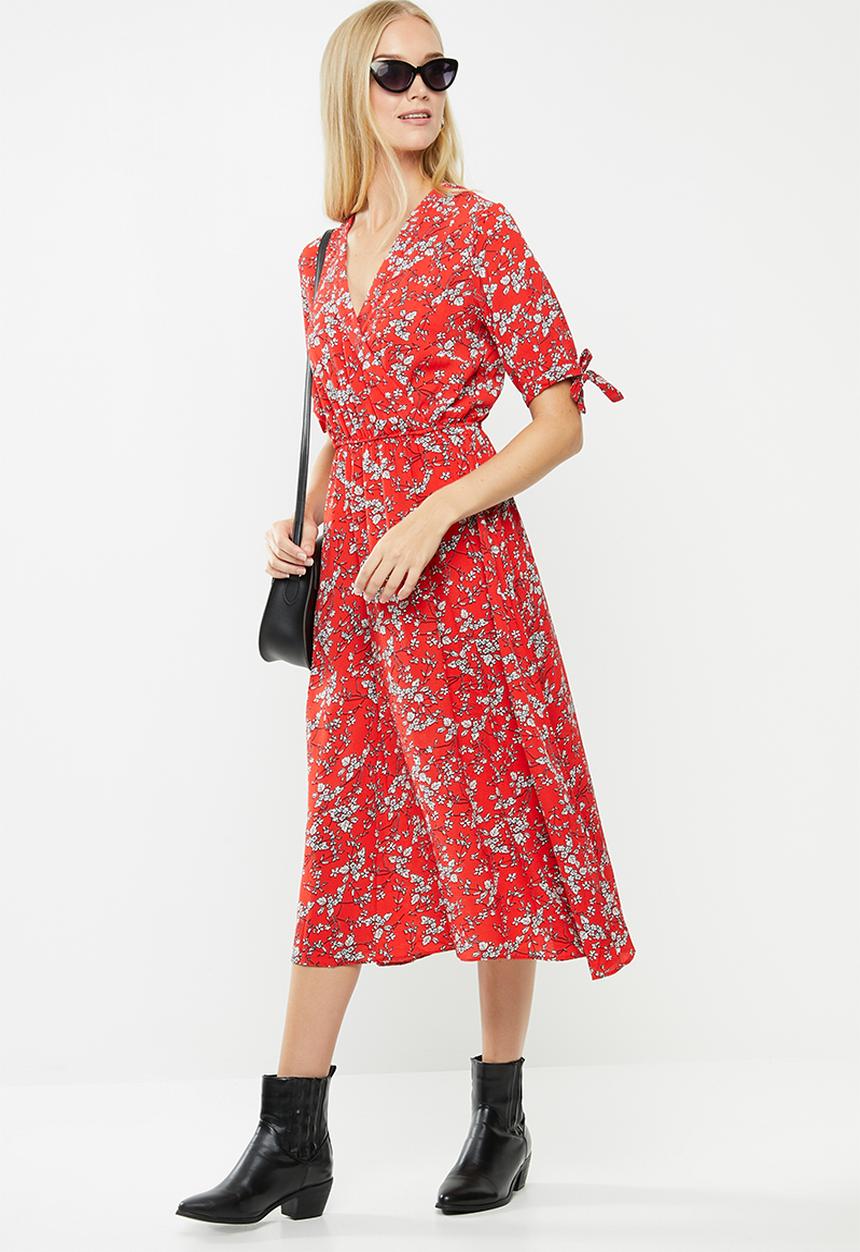 Revenge - Tie sleeve midi floral dress - red