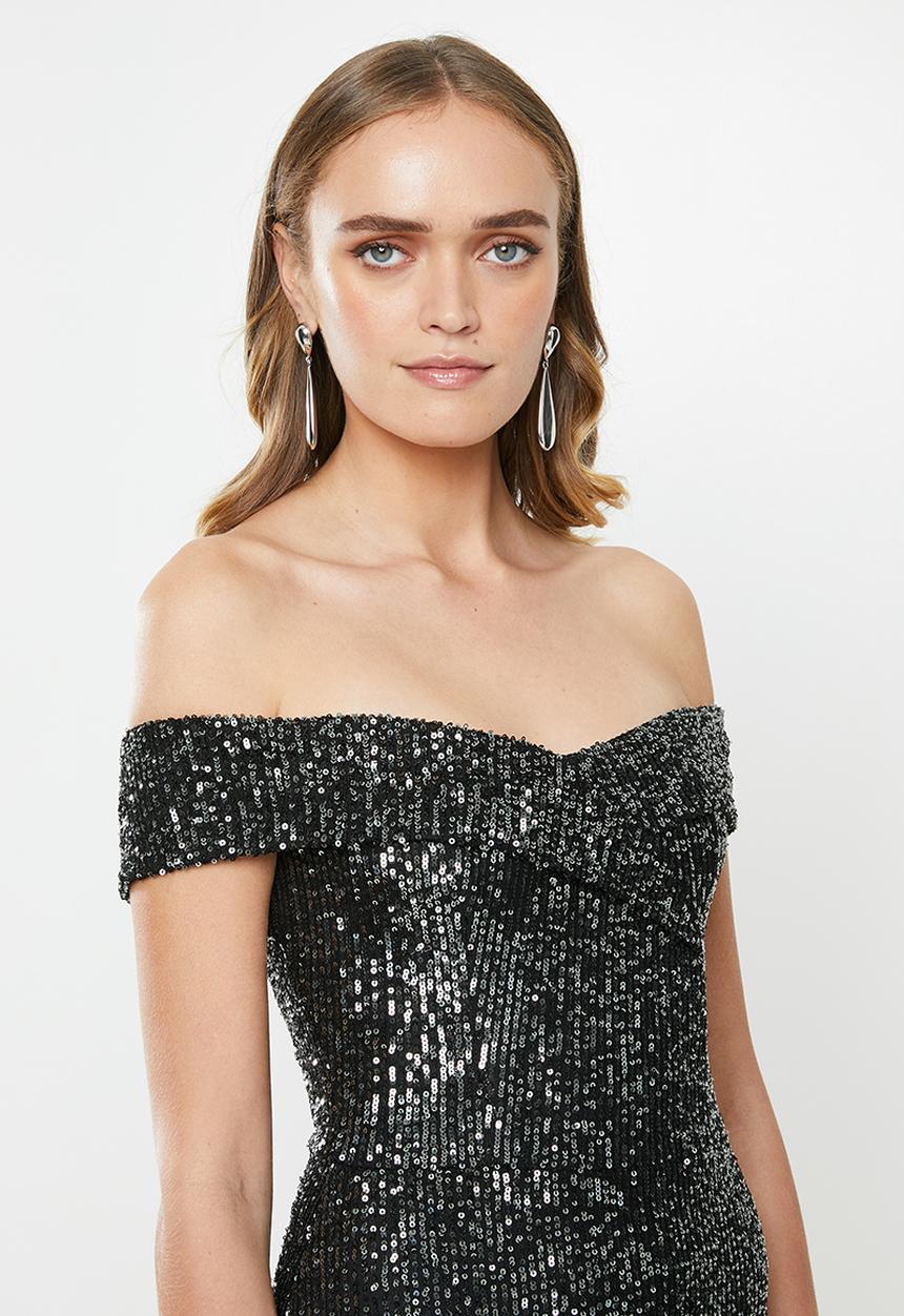 MILLA - Sequin bardot dress - black