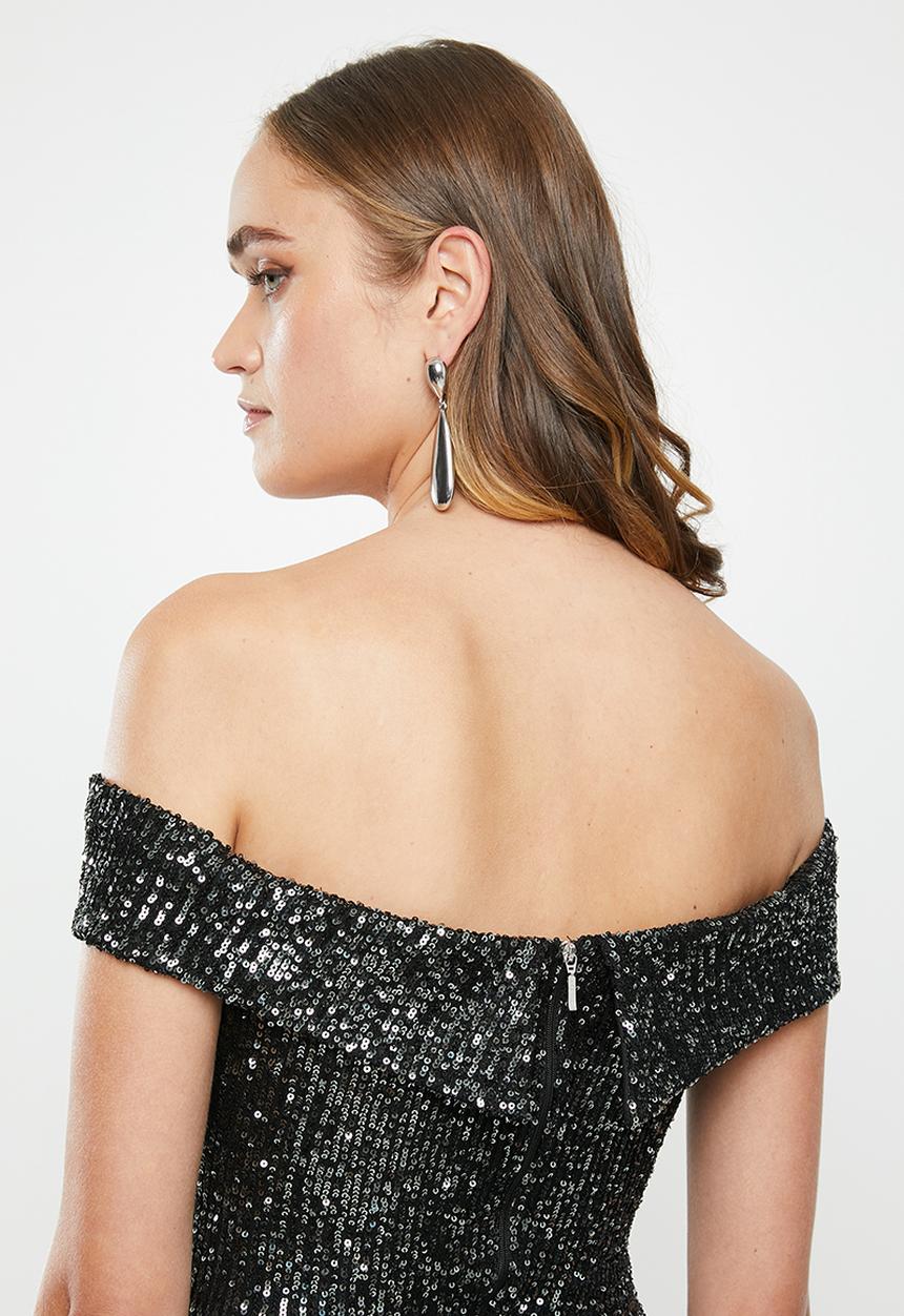 MILLA - Sequin bardot dress - black