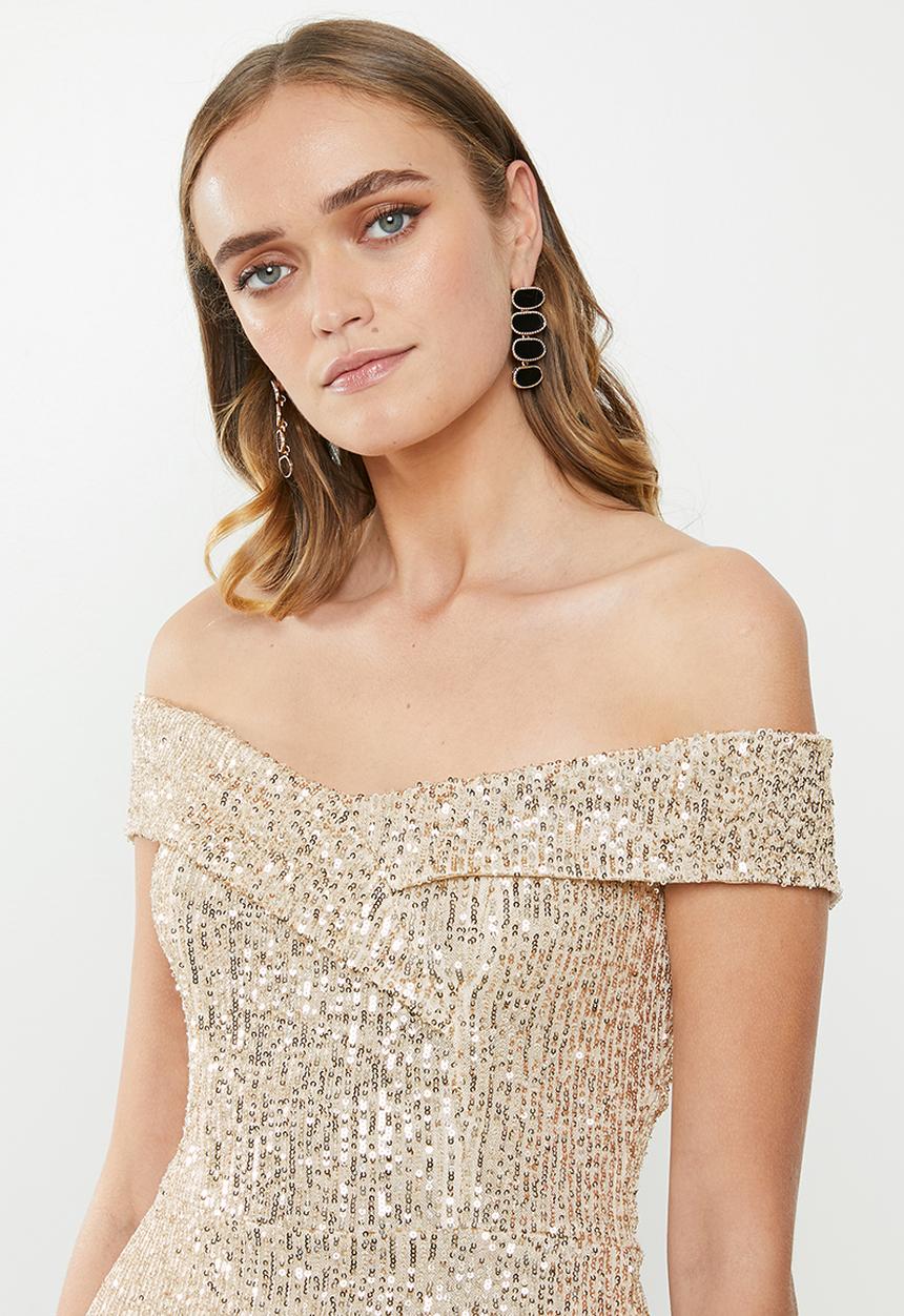 MILLA - Sequin bardot dress - champagne