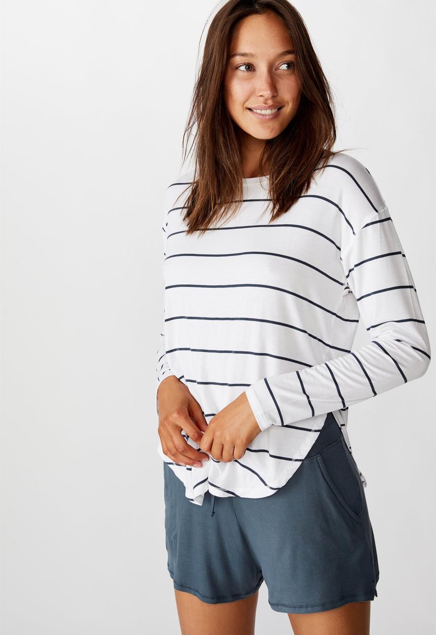Cotton On - Sleep recovery long sleeve top - white & navy 