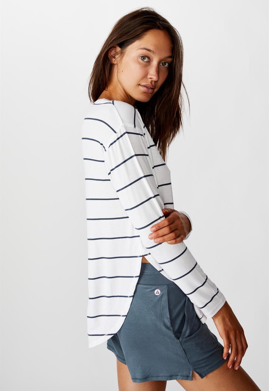 Cotton On - Sleep recovery long sleeve top - white & navy 