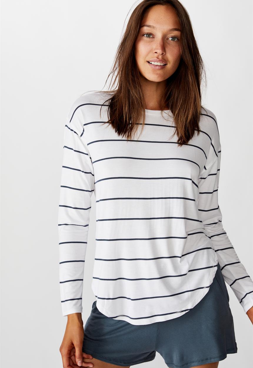 Cotton On - Sleep recovery long sleeve top - white & navy 
