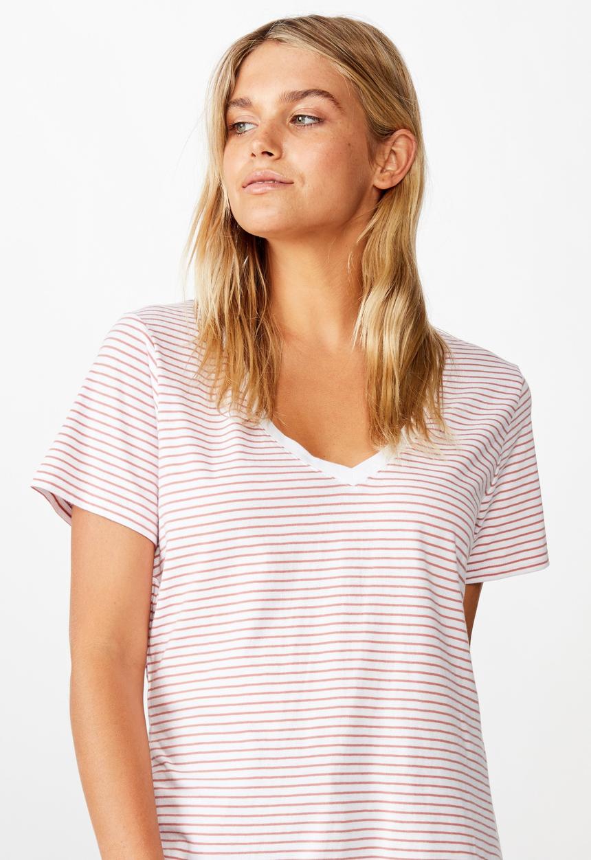Cotton On - The one fitted V-tee Josie stripes - white & pink 