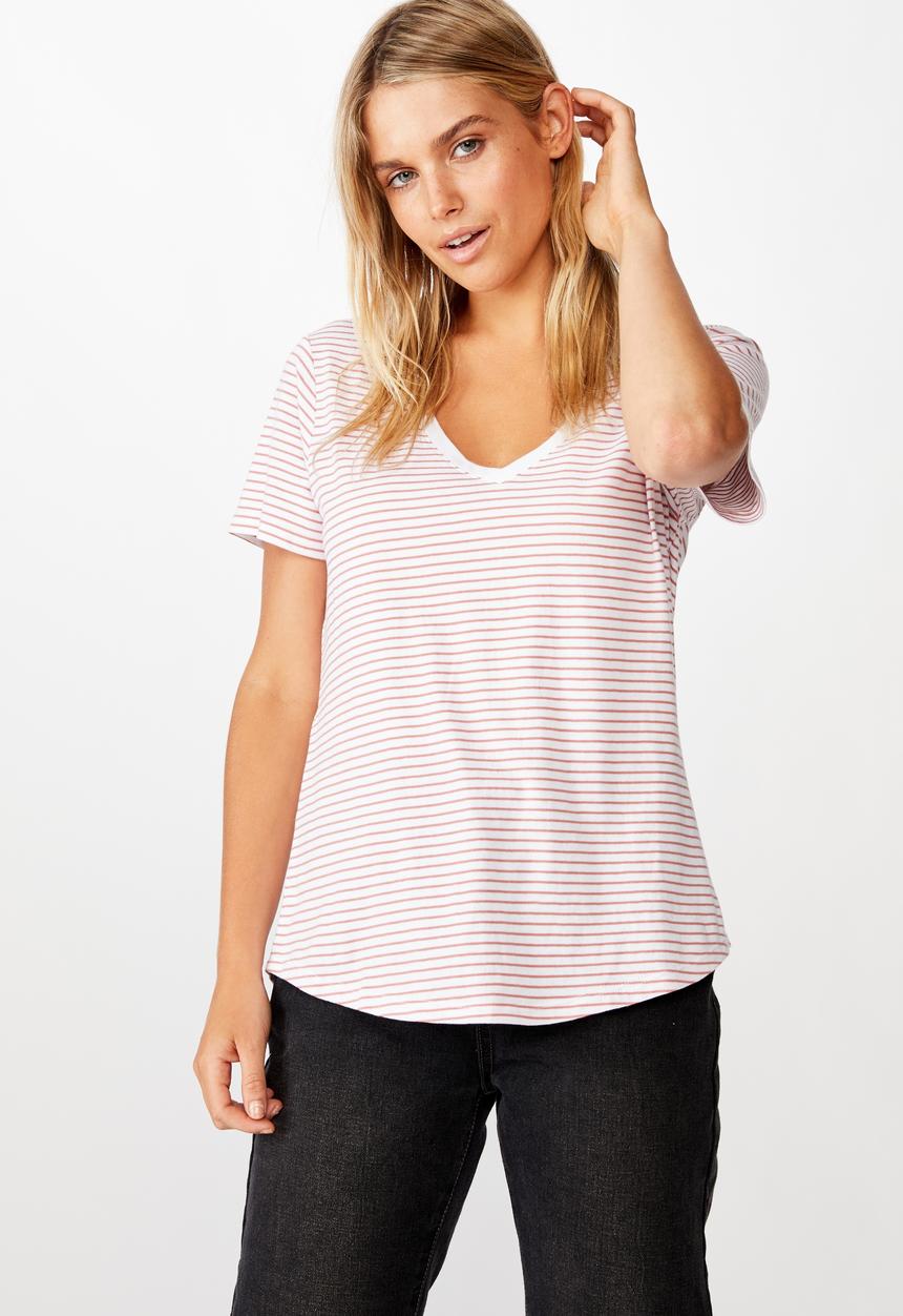 Cotton On - The one fitted V-tee Josie stripes - white & pink 