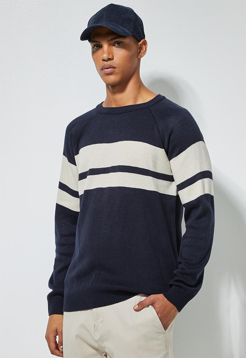 Superbalist - Lightweight stripe crew neck knit - navy & beige
