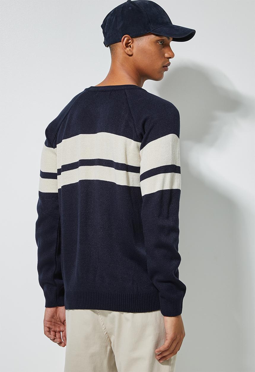 Superbalist - Lightweight stripe crew neck knit - navy & beige