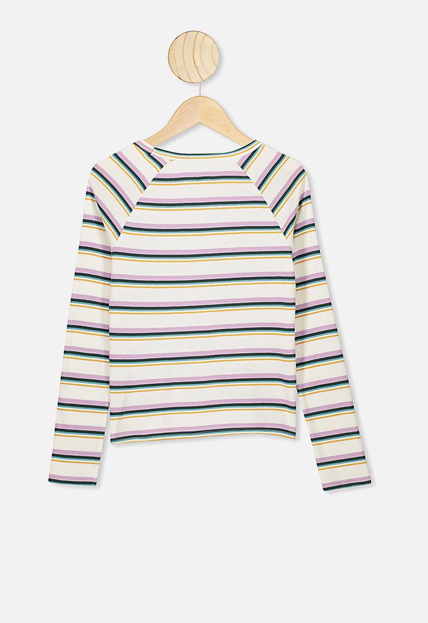 Free by Cotton On - Rib long sleeve tee - dark vanilla/multi stripe