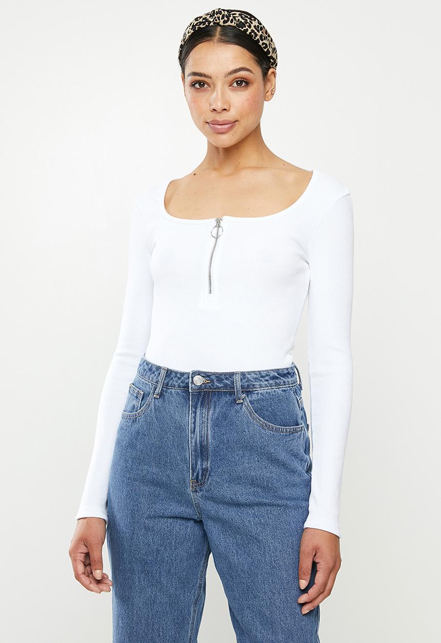 Missguided - Zip front scoop neck rib bodysuit - white