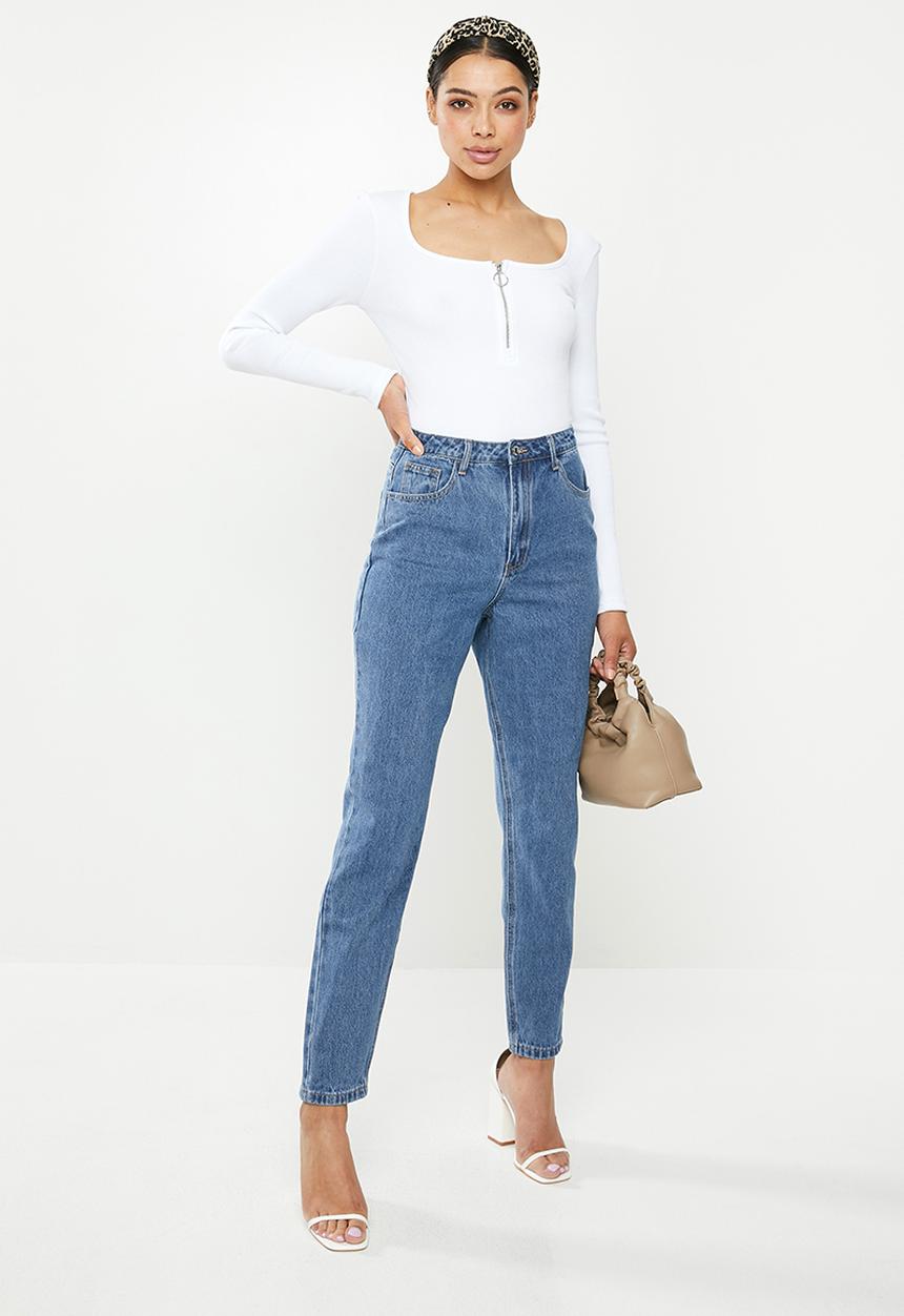 Missguided - Zip front scoop neck rib bodysuit - white