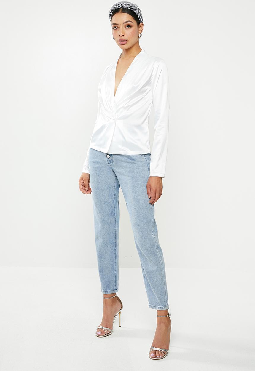 Missguided - Satin double breasted pleated neck top - white