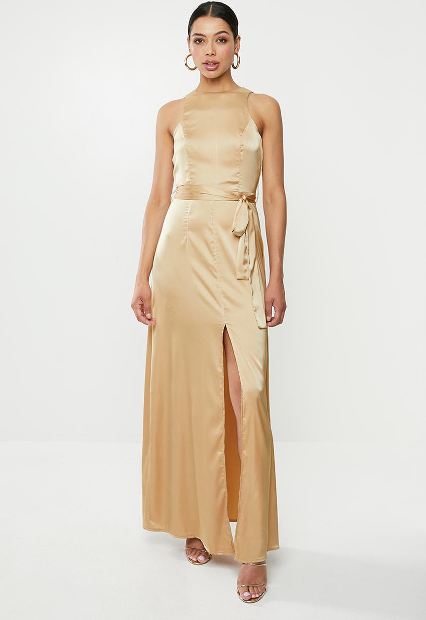 Missguided - Satin split front self belt maxi dress - champagne